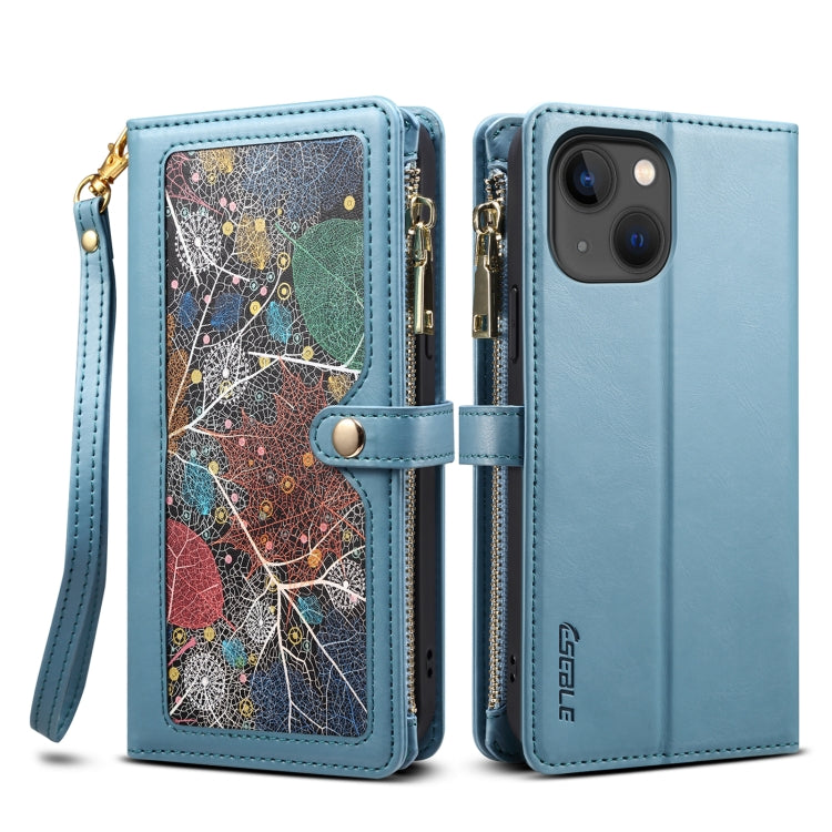 For iPhone 14 Plus ESEBLE Star Series Lanyard Zipper Wallet RFID Leather Case(Blue) - iPhone 14 Plus Cases by ESEBLE | Online Shopping UK | buy2fix