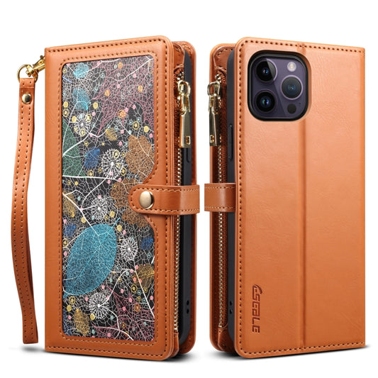 For iPhone 12 Pro ESEBLE Star Series Lanyard Zipper Wallet RFID Leather Case(Brown) - iPhone 12 / 12 Pro Cases by ESEBLE | Online Shopping UK | buy2fix