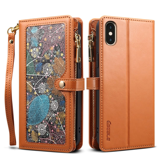 For iPhone XR ESEBLE Star Series Lanyard Zipper Wallet RFID Leather Case(Brown)