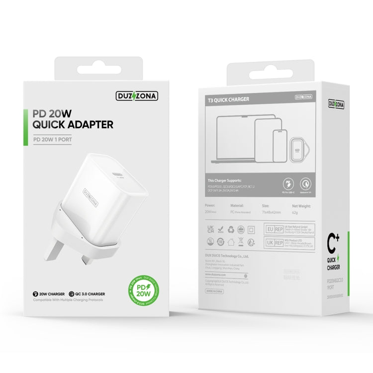 DUZZONA T3 PD 20W USB-C/Type-C Single Port Travel Charger, UK Plug(White) - USB Charger by DUZZONA | Online Shopping UK | buy2fix