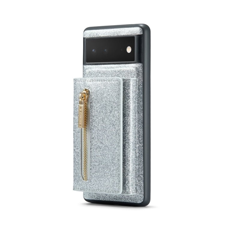 For Google Pixel 6 DG.MING M3 Series Glitter Powder Card Bag Leather Case(Silver) - Google Cases by DG.MING | Online Shopping UK | buy2fix