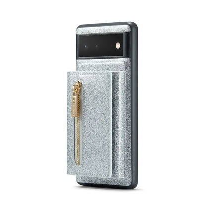 For Google Pixel 6 DG.MING M3 Series Glitter Powder Card Bag Leather Case(Silver) - Google Cases by DG.MING | Online Shopping UK | buy2fix