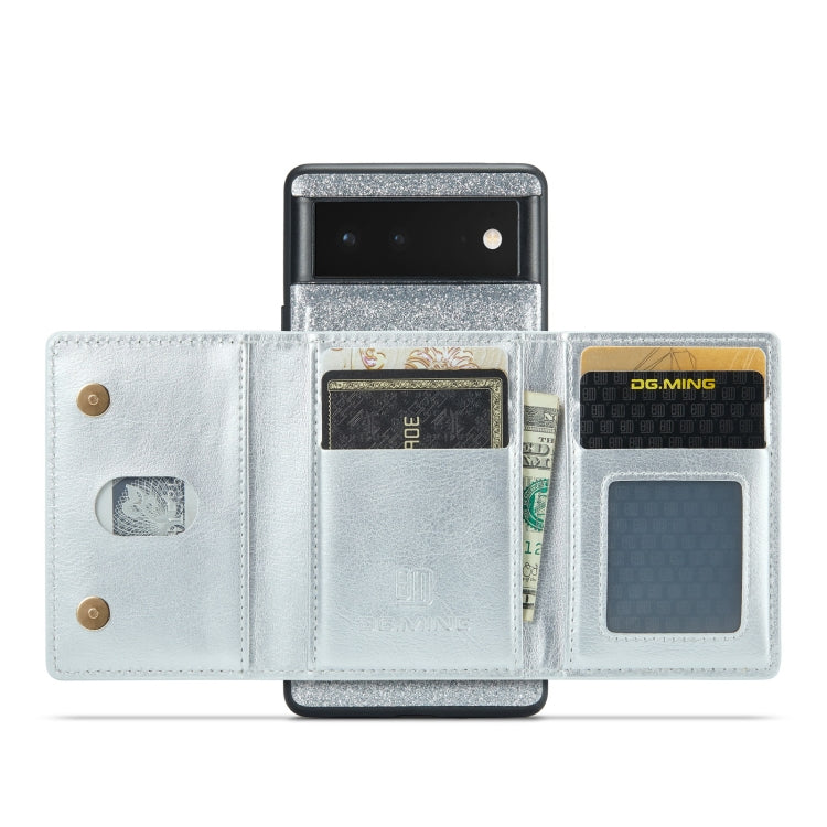 For Google Pixel 6 DG.MING M3 Series Glitter Powder Card Bag Leather Case(Silver) - Google Cases by DG.MING | Online Shopping UK | buy2fix