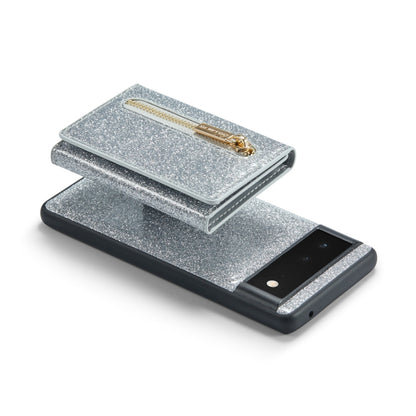 For Google Pixel 6 DG.MING M3 Series Glitter Powder Card Bag Leather Case(Silver) - Google Cases by DG.MING | Online Shopping UK | buy2fix