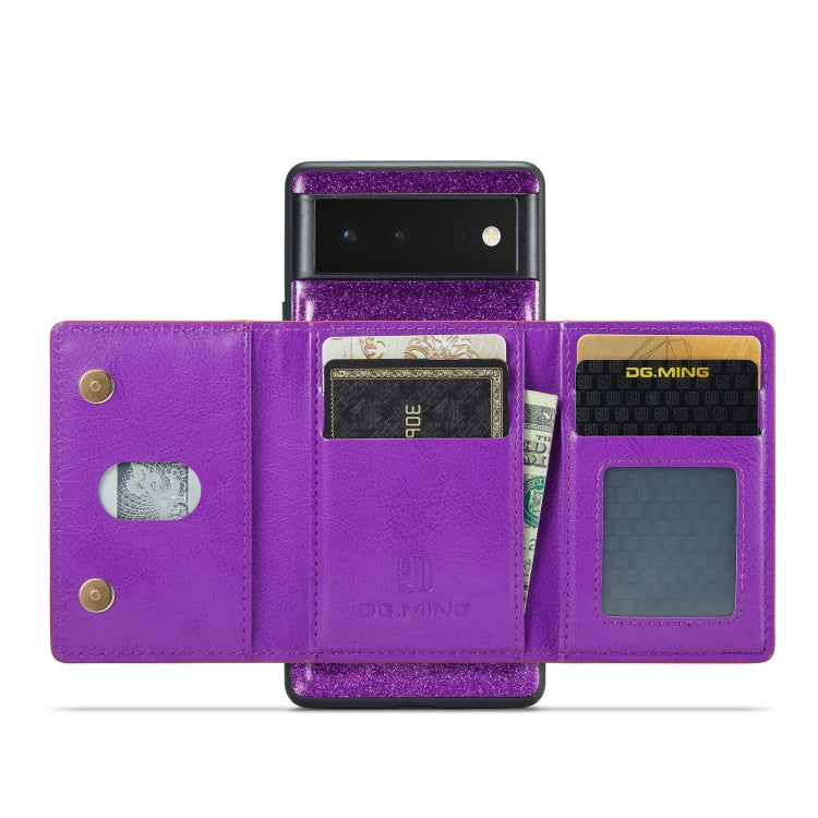 For Google Pixel 6 DG.MING M3 Series Glitter Powder Card Bag Leather Case(Dark Purple) - Google Cases by DG.MING | Online Shopping UK | buy2fix