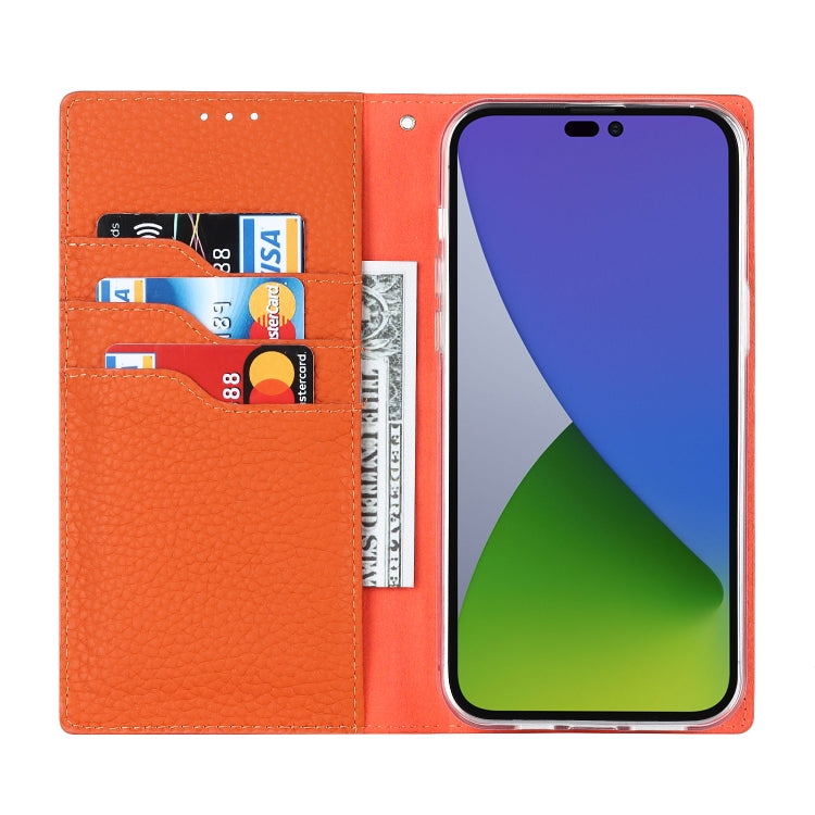 For iPhone 14 Pro Max Litchi Texture Genuine Leather Phone Case(Orange) - iPhone 14 Pro Max Cases by buy2fix | Online Shopping UK | buy2fix