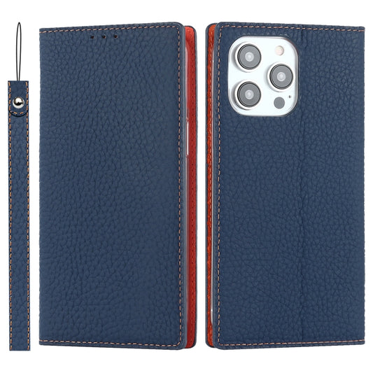 For iPhone 14 Pro Max Litchi Texture Genuine Leather Phone Case(Dark Blue) - iPhone 14 Pro Max Cases by buy2fix | Online Shopping UK | buy2fix