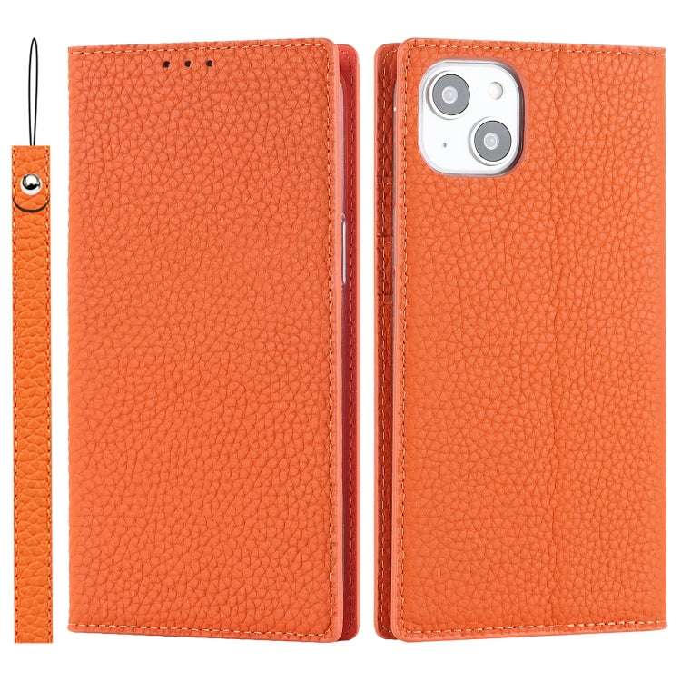 For iPhone 14 Litchi Texture Genuine Leather Phone Case(Orange) - iPhone 14 Cases by buy2fix | Online Shopping UK | buy2fix