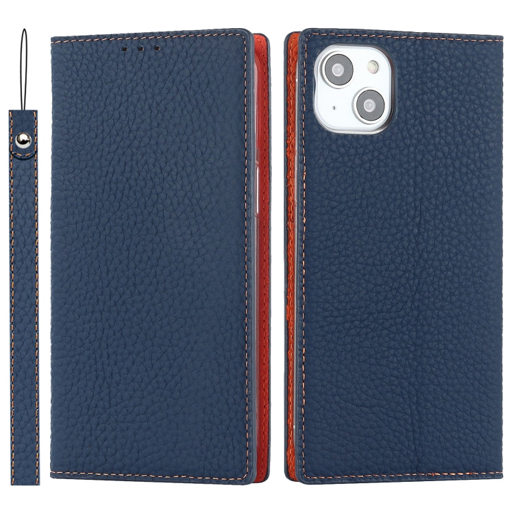 For iPhone 14 Litchi Texture Genuine Leather Phone Case(Dark Blue) - iPhone 14 Cases by buy2fix | Online Shopping UK | buy2fix