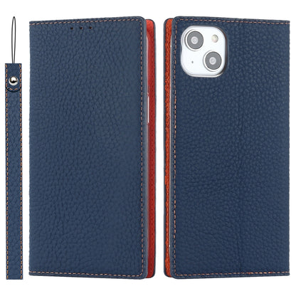 For iPhone 14 Litchi Texture Genuine Leather Phone Case(Dark Blue) - iPhone 14 Cases by buy2fix | Online Shopping UK | buy2fix