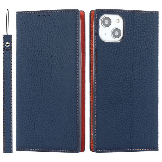 For iPhone 14 Litchi Texture Genuine Leather Phone Case(Dark Blue) - iPhone 14 Cases by buy2fix | Online Shopping UK | buy2fix