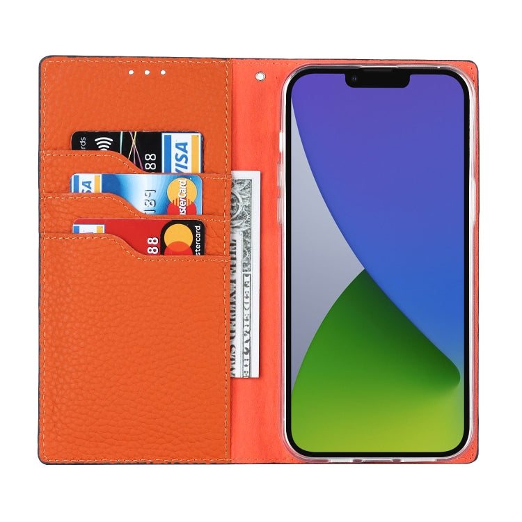 For iPhone 14 Litchi Texture Genuine Leather Phone Case(Dark Blue) - iPhone 14 Cases by buy2fix | Online Shopping UK | buy2fix