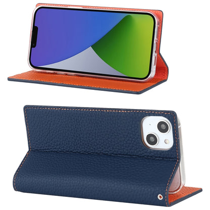 For iPhone 14 Litchi Texture Genuine Leather Phone Case(Dark Blue) - iPhone 14 Cases by buy2fix | Online Shopping UK | buy2fix
