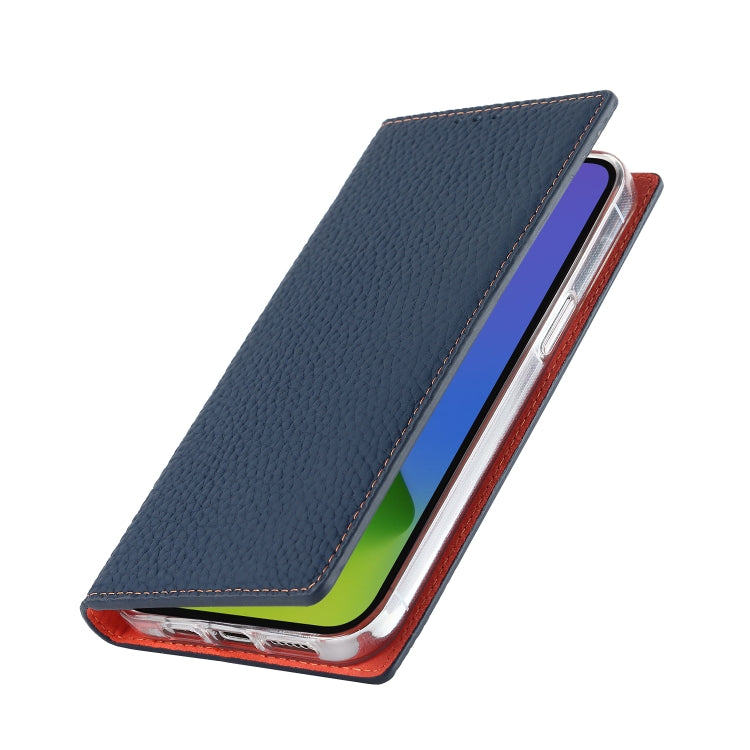 For iPhone 14 Litchi Texture Genuine Leather Phone Case(Dark Blue) - iPhone 14 Cases by buy2fix | Online Shopping UK | buy2fix