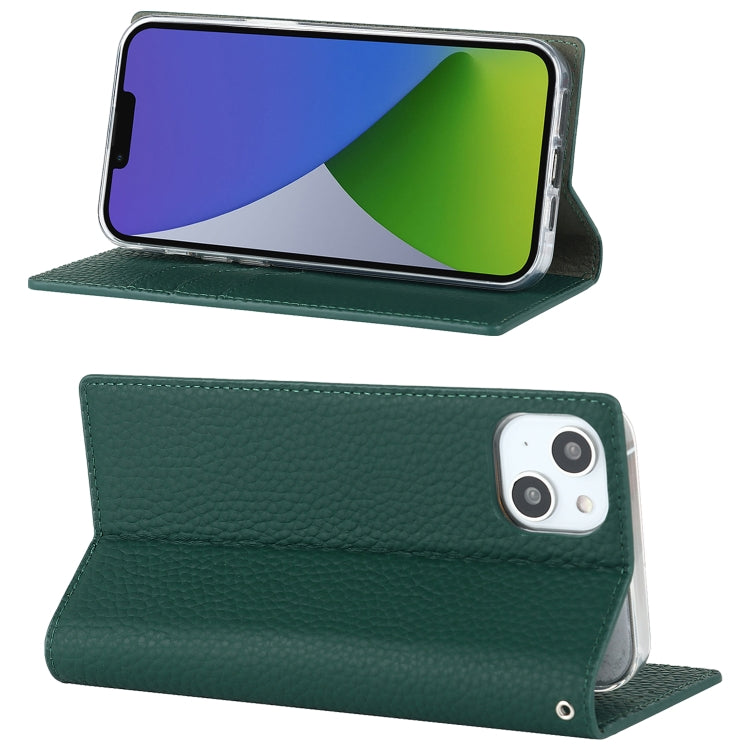 For iPhone 14 Litchi Texture Genuine Leather Phone Case(Dark Green) - iPhone 14 Cases by buy2fix | Online Shopping UK | buy2fix