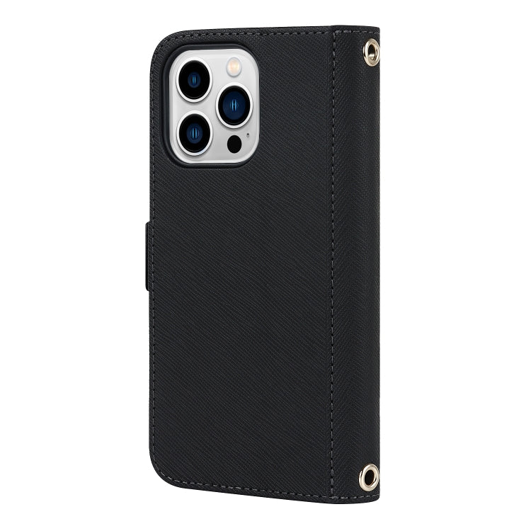 For iPhone 14 Pro Cross Texture Lanyard Leather Phone Case(Black) - iPhone 14 Pro Cases by buy2fix | Online Shopping UK | buy2fix