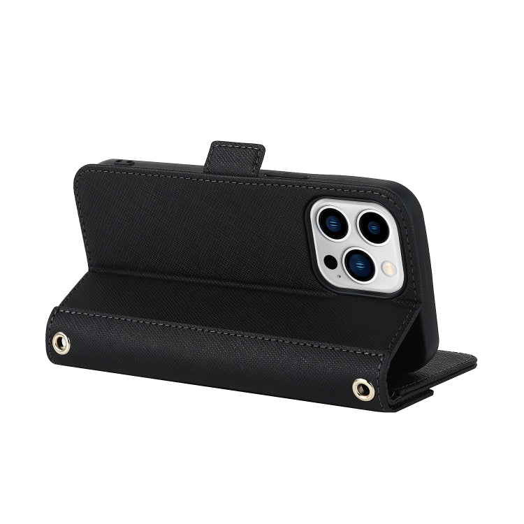 For iPhone 14 Pro Cross Texture Lanyard Leather Phone Case(Black) - iPhone 14 Pro Cases by buy2fix | Online Shopping UK | buy2fix