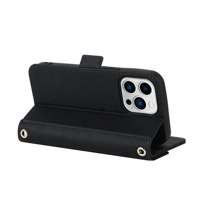For iPhone 14 Pro Cross Texture Lanyard Leather Phone Case(Black) - iPhone 14 Pro Cases by buy2fix | Online Shopping UK | buy2fix