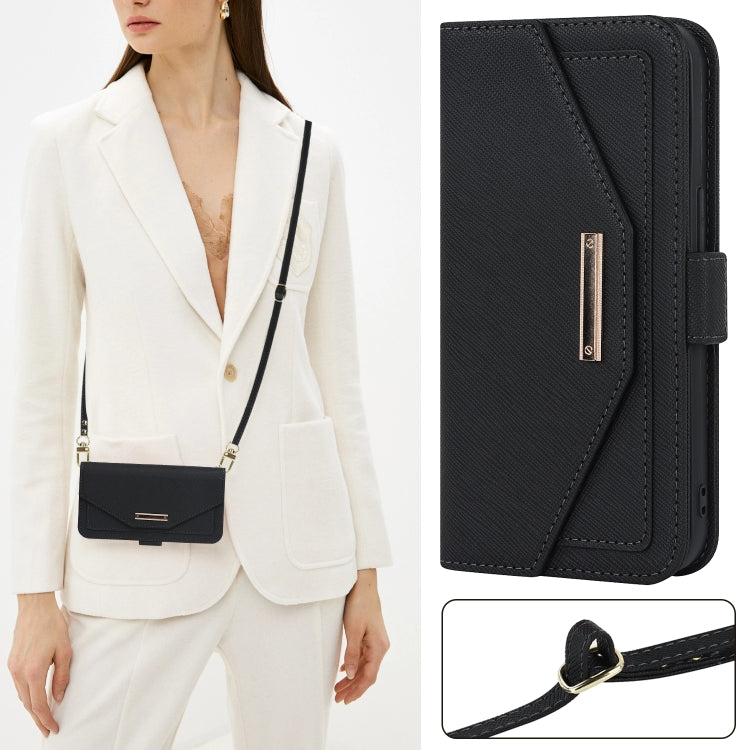 For iPhone 14 Plus Cross Texture Lanyard Leather Phone Case(Black) - iPhone 14 Plus Cases by buy2fix | Online Shopping UK | buy2fix