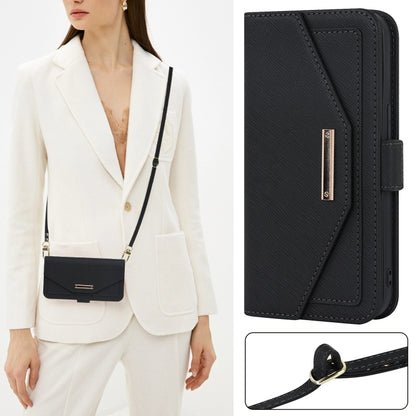 For iPhone 14 Plus Cross Texture Lanyard Leather Phone Case(Black) - iPhone 14 Plus Cases by buy2fix | Online Shopping UK | buy2fix