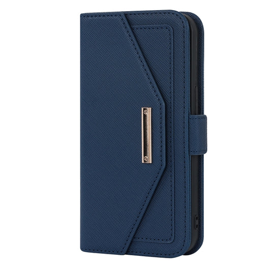 For iPhone 14 Plus Cross Texture Lanyard Leather Phone Case(Blue) - iPhone 14 Plus Cases by buy2fix | Online Shopping UK | buy2fix