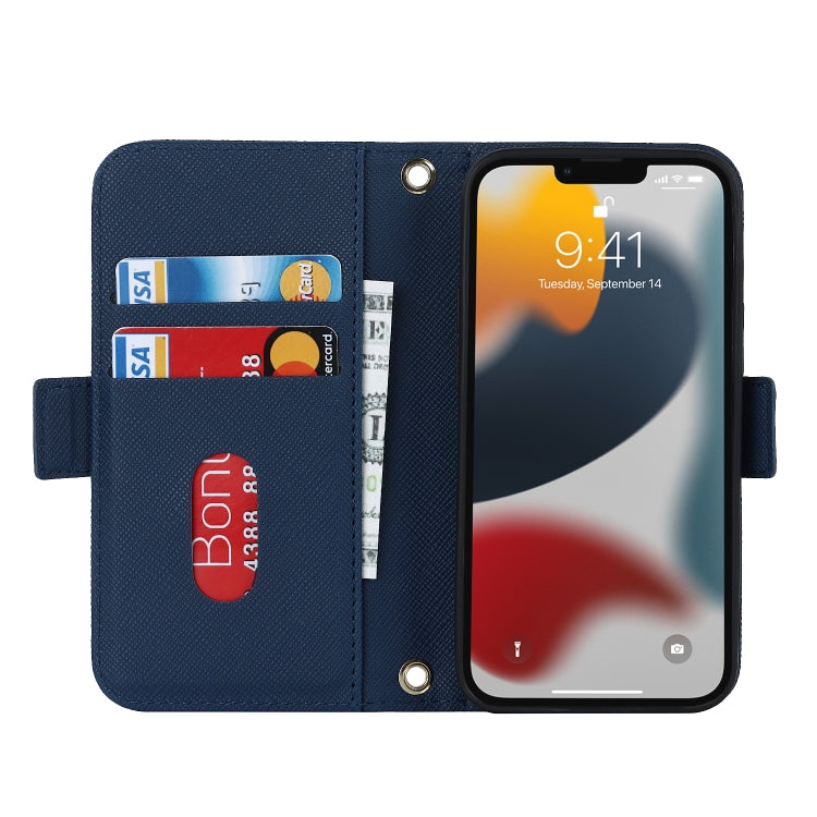 For iPhone 14 Plus Cross Texture Lanyard Leather Phone Case(Blue) - iPhone 14 Plus Cases by buy2fix | Online Shopping UK | buy2fix