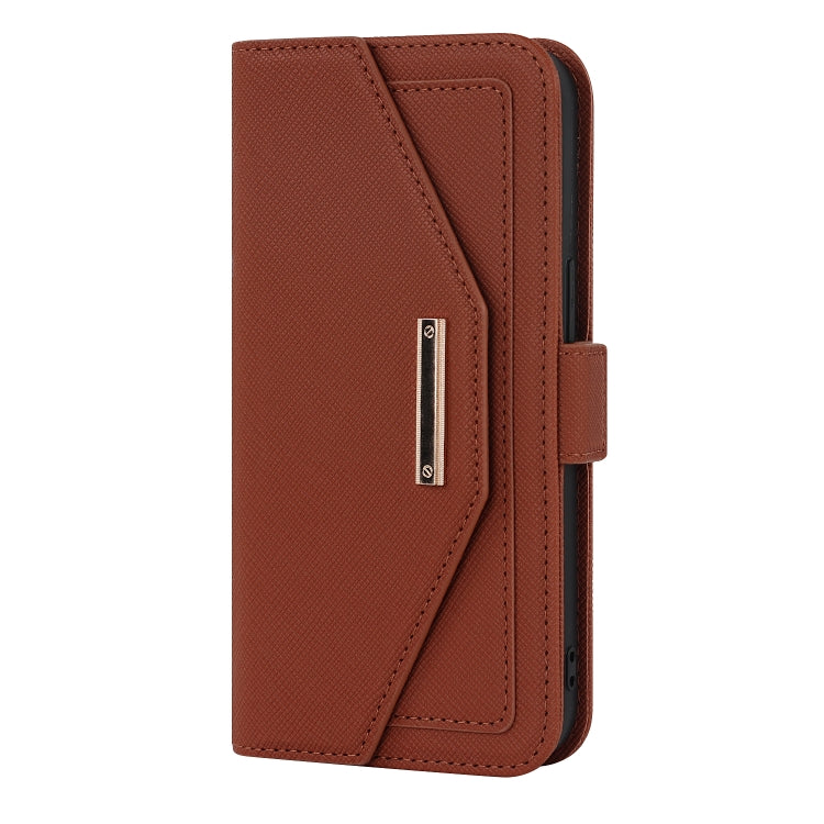 For iPhone 14 Plus Cross Texture Lanyard Leather Phone Case(Brown) - iPhone 14 Plus Cases by buy2fix | Online Shopping UK | buy2fix