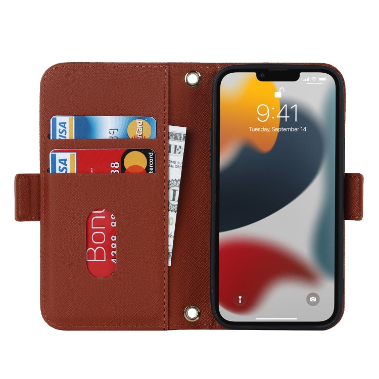 For iPhone 14 Plus Cross Texture Lanyard Leather Phone Case(Brown) - iPhone 14 Plus Cases by buy2fix | Online Shopping UK | buy2fix