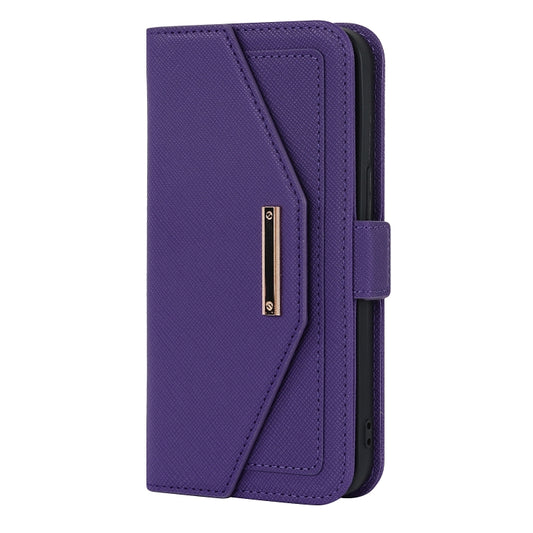 For iPhone 14 Plus Cross Texture Lanyard Leather Phone Case(Purple) - iPhone 14 Plus Cases by buy2fix | Online Shopping UK | buy2fix