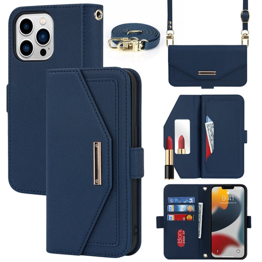 For iPhone 13 Pro Cross Texture Lanyard Leather Phone Case(Blue) - iPhone 13 Pro Cases by buy2fix | Online Shopping UK | buy2fix