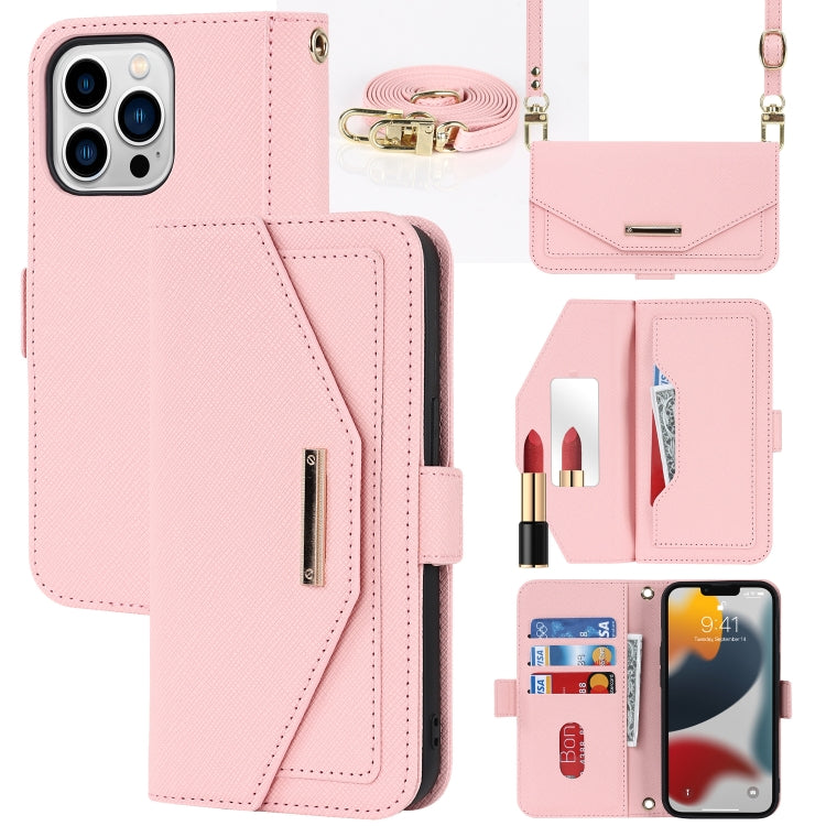 For iPhone 13 Pro Cross Texture Lanyard Leather Phone Case(Pink) - iPhone 13 Pro Cases by buy2fix | Online Shopping UK | buy2fix