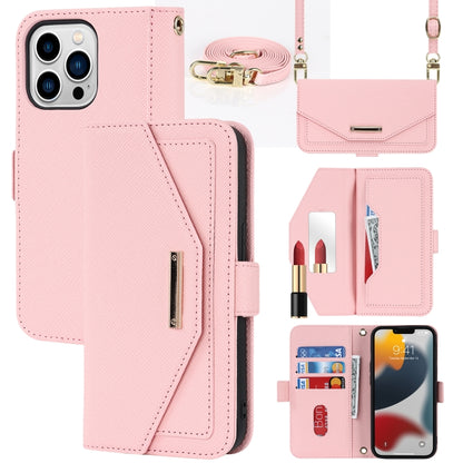 For iPhone 13 Pro Cross Texture Lanyard Leather Phone Case(Pink) - iPhone 13 Pro Cases by buy2fix | Online Shopping UK | buy2fix