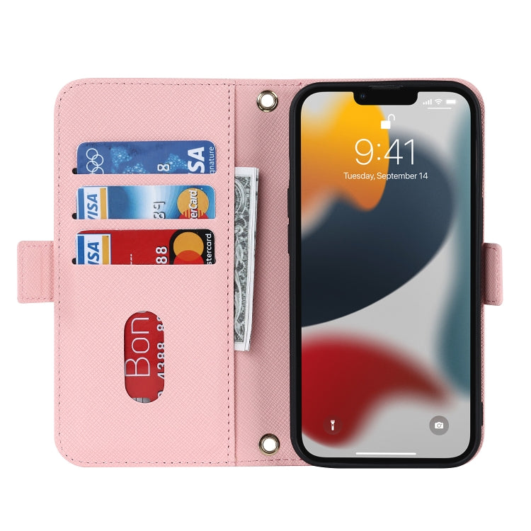 For iPhone 13 Pro Cross Texture Lanyard Leather Phone Case(Pink) - iPhone 13 Pro Cases by buy2fix | Online Shopping UK | buy2fix