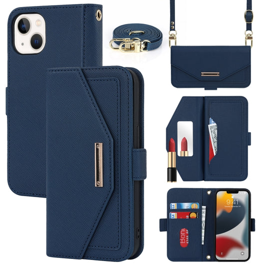 For iPhone 13 Cross Texture Lanyard Leather Phone Case(Blue) - iPhone 13 Cases by buy2fix | Online Shopping UK | buy2fix