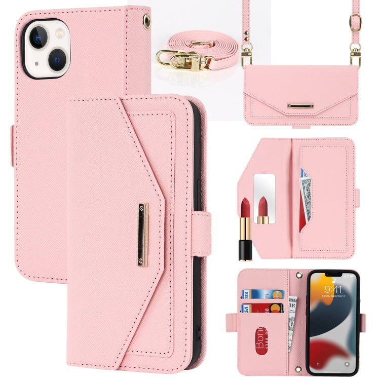 For iPhone 13 Cross Texture Lanyard Leather Phone Case(Pink) - iPhone 13 Cases by buy2fix | Online Shopping UK | buy2fix
