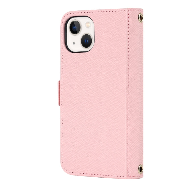 For iPhone 13 Cross Texture Lanyard Leather Phone Case(Pink) - iPhone 13 Cases by buy2fix | Online Shopping UK | buy2fix