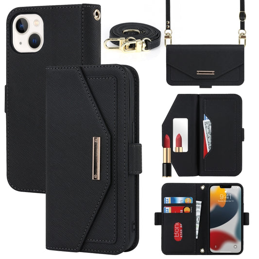 For iPhone 13 mini Cross Texture Lanyard Leather Phone Case(Black) - iPhone 13 mini Cases by buy2fix | Online Shopping UK | buy2fix