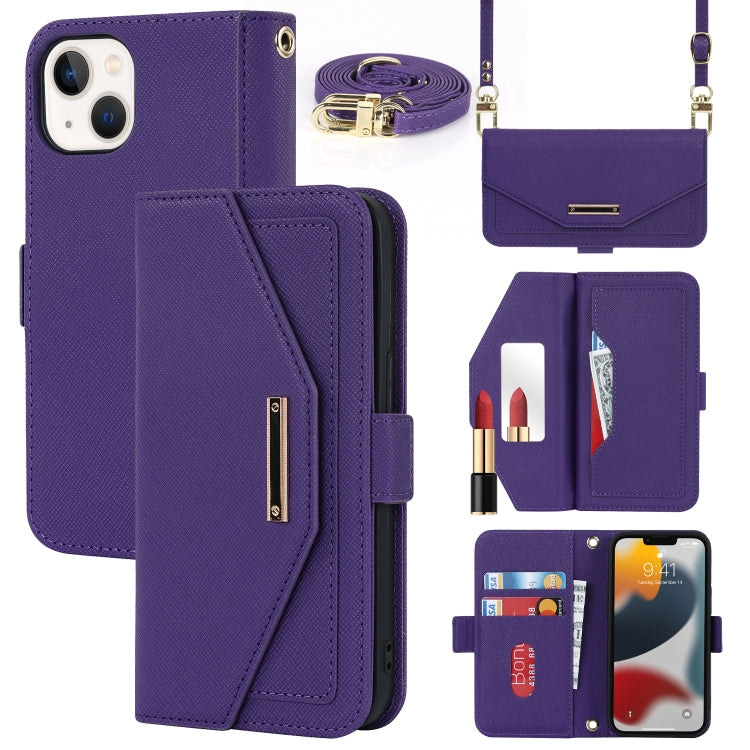For iPhone 13 mini Cross Texture Lanyard Leather Phone Case(Purple) - iPhone 13 mini Cases by buy2fix | Online Shopping UK | buy2fix