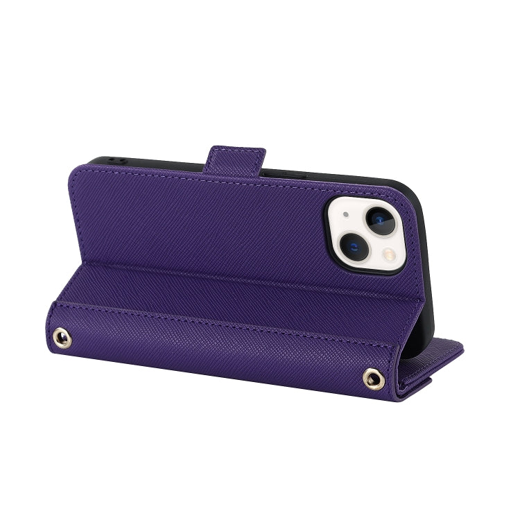 For iPhone 13 mini Cross Texture Lanyard Leather Phone Case(Purple) - iPhone 13 mini Cases by buy2fix | Online Shopping UK | buy2fix
