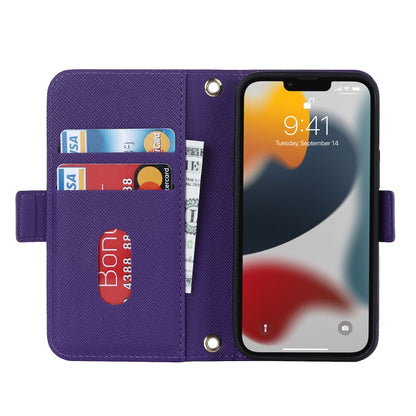 For iPhone 13 mini Cross Texture Lanyard Leather Phone Case(Purple) - iPhone 13 mini Cases by buy2fix | Online Shopping UK | buy2fix