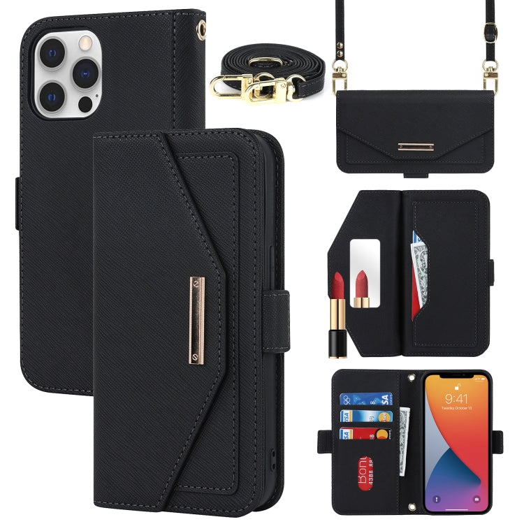 For iPhone 12 Pro Max Cross Texture Lanyard Leather Phone Case(Black) - iPhone 12 Pro Max Cases by buy2fix | Online Shopping UK | buy2fix