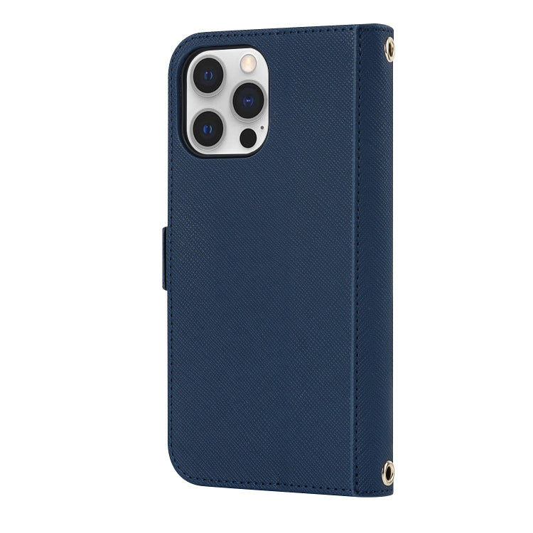 For iPhone 12 Pro Max Cross Texture Lanyard Leather Phone Case(Blue) - iPhone 12 Pro Max Cases by buy2fix | Online Shopping UK | buy2fix