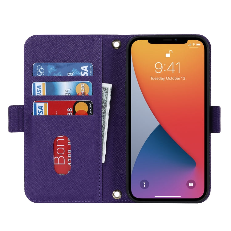 For iPhone 12 Pro Max Cross Texture Lanyard Leather Phone Case(Purple) - iPhone 12 Pro Max Cases by buy2fix | Online Shopping UK | buy2fix