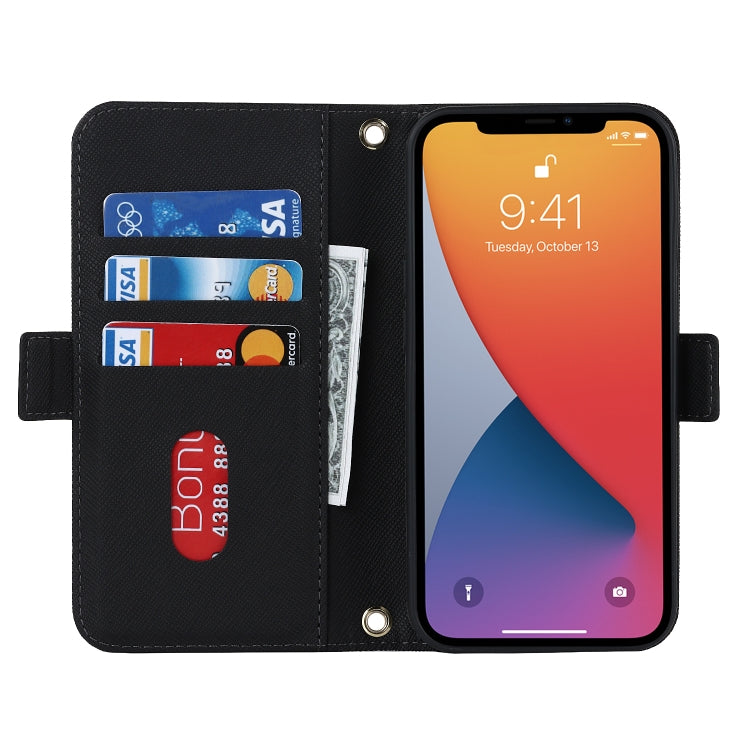 For iPhone 12 / 12 Pro Cross Texture Lanyard Leather Phone Case(Black) - iPhone 12 / 12 Pro Cases by buy2fix | Online Shopping UK | buy2fix