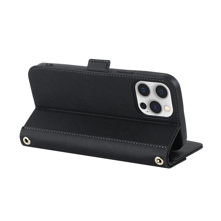 For iPhone 12 / 12 Pro Cross Texture Lanyard Leather Phone Case(Black) - iPhone 12 / 12 Pro Cases by buy2fix | Online Shopping UK | buy2fix