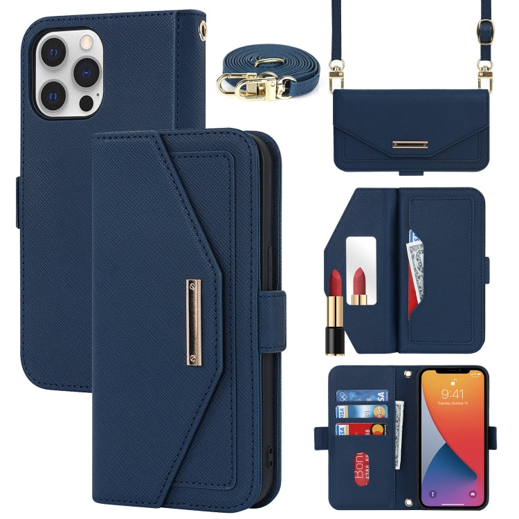 For iPhone 12 / 12 Pro Cross Texture Lanyard Leather Phone Case(Blue) - iPhone 12 / 12 Pro Cases by buy2fix | Online Shopping UK | buy2fix