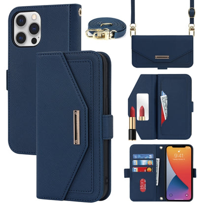 For iPhone 12 / 12 Pro Cross Texture Lanyard Leather Phone Case(Blue) - iPhone 12 / 12 Pro Cases by buy2fix | Online Shopping UK | buy2fix