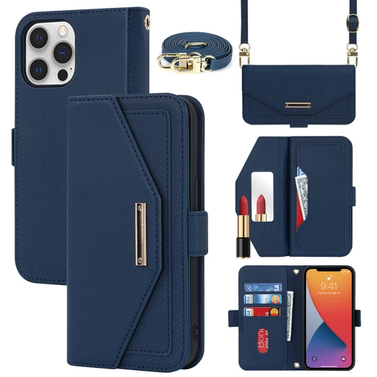 For iPhone 12 / 12 Pro Cross Texture Lanyard Leather Phone Case(Blue) - iPhone 12 / 12 Pro Cases by buy2fix | Online Shopping UK | buy2fix