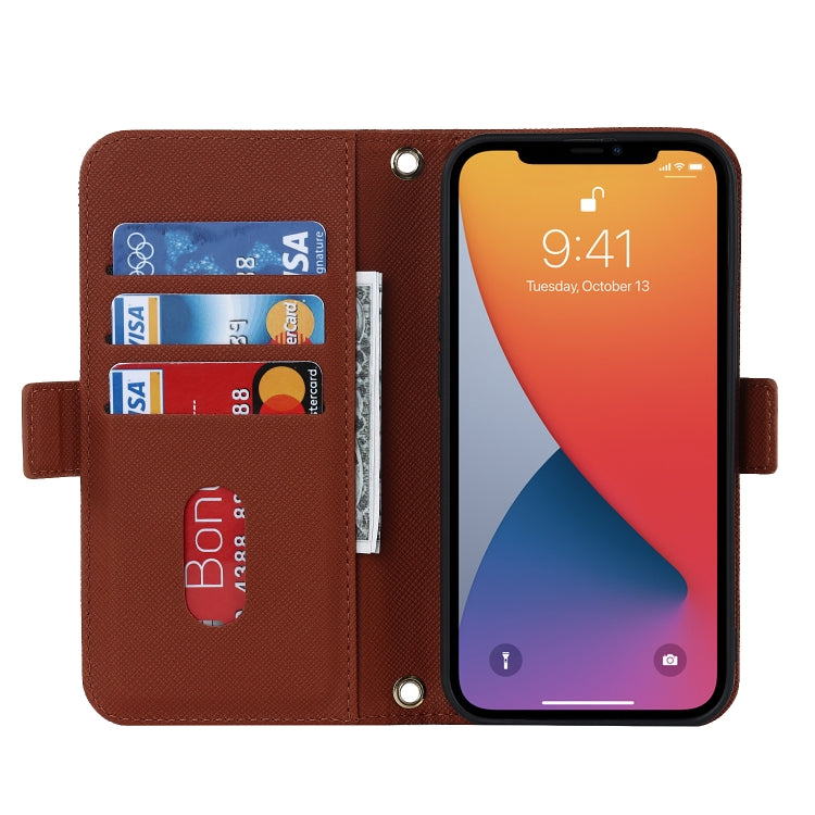 For iPhone 12 / 12 Pro Cross Texture Lanyard Leather Phone Case(Brown) - iPhone 12 / 12 Pro Cases by buy2fix | Online Shopping UK | buy2fix
