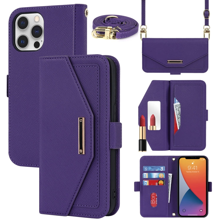 For iPhone 12 / 12 Pro Cross Texture Lanyard Leather Phone Case(Purple) - iPhone 12 / 12 Pro Cases by buy2fix | Online Shopping UK | buy2fix